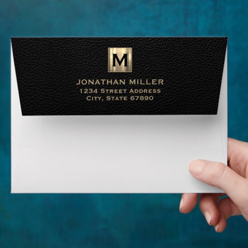 Black Leather Gold Monogram Return Address Envelope