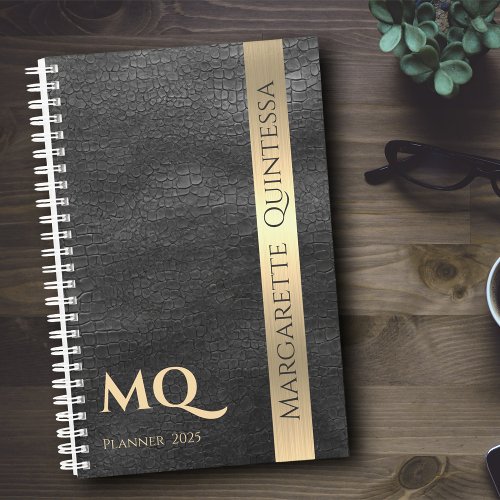 Black Leather Gold Monogrammed Initials Name 2024 Planner