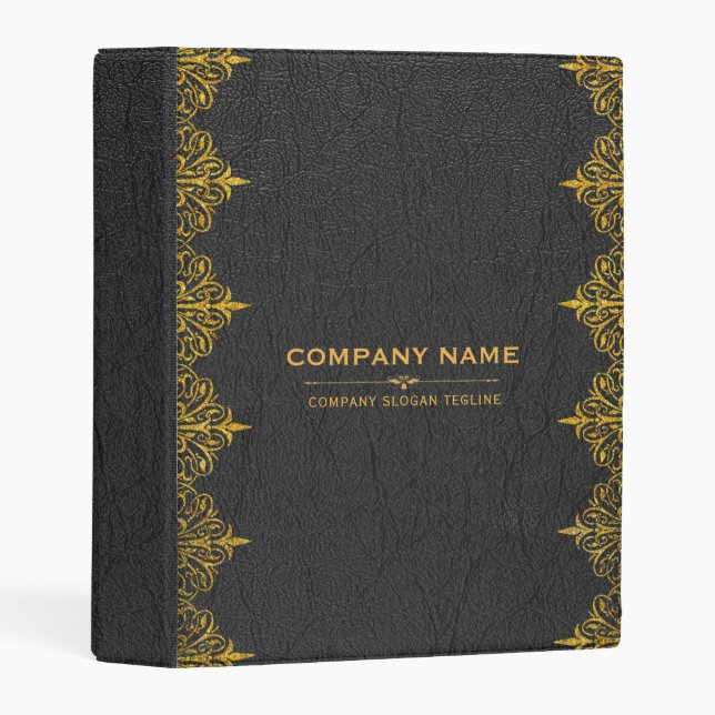 Black Leather Gold Swirly Frame Mini Binder (Front/Spine)
