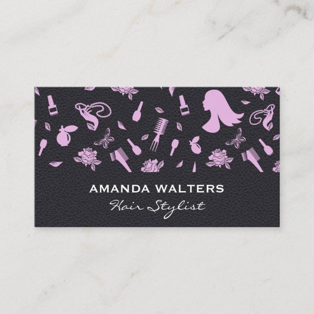 Black Leather | Hair Stylist Patterns Business Card (Front)