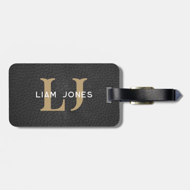 Black Leather Initials Monogrammed Modern Vintage Luggage Tag (Back Horizontal)