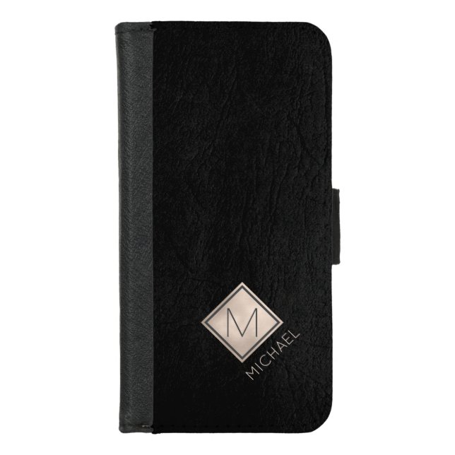 Black Leather Ivory Diamond Name Monogrammed iPhone Wallet Case (Front)