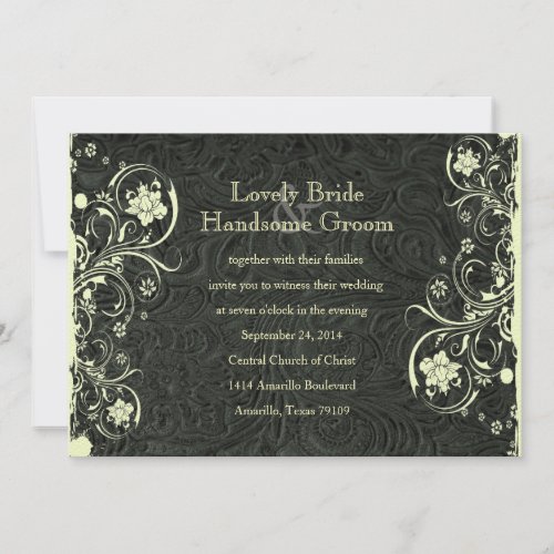 Black Leather Look Cream Lace Wedding Invitation