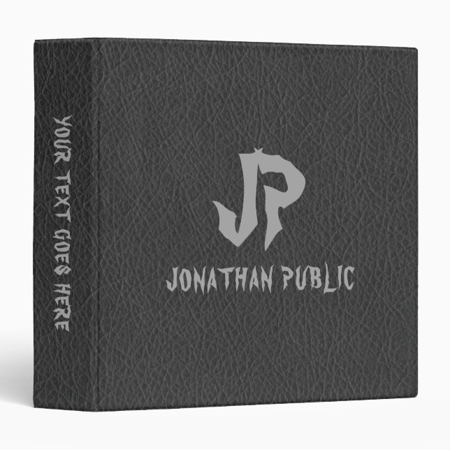 Black Leather Look Custom Distressed Name Monogram 3 Ring Binder (Front/Spine)