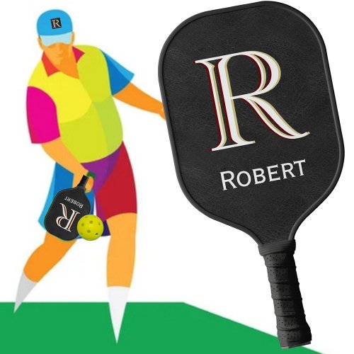 Black Leather Look Custom Tri_Color Monogram Name Pickleball Paddle