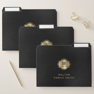 Black Leather Look Elegant Gold Monogram File Folder