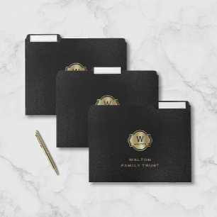 Black Leather Look Elegant Gold Monogram File Folder