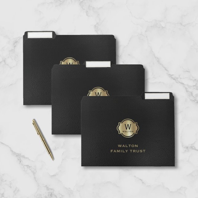 Black Leather Look Elegant Gold Monogram File Folder (Creator Uploaded)