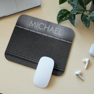 Black Leather Look Metal Band Monogram Mouse Pad