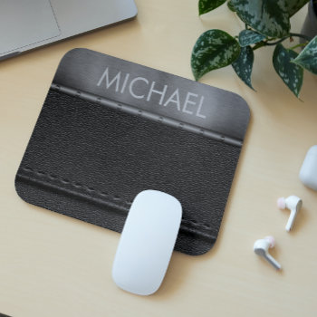 Black Leather Look Metal Band Monogram    Mouse Pad by ColorFlowCreations at Zazzle