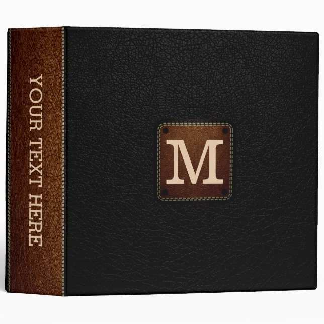 Black Leather Look Monogram 3 Ring Binder (Front/Spine)