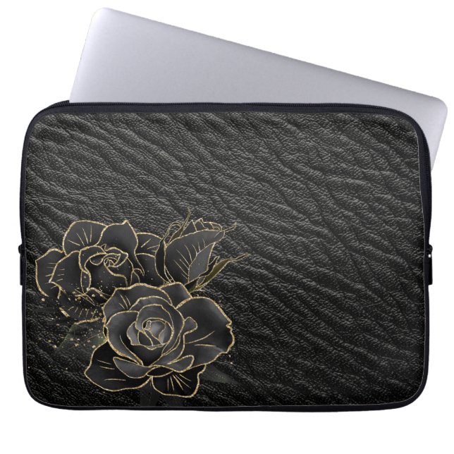 BLACK LEATHER LOOK PATTERN WITH BLACK GOLD ROSES LAPTOP SLEEVE (Front)