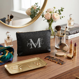 Black leather look personalized accessory pouch