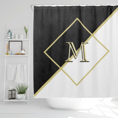 Black Leather Look White Gold 3 Color Monogram Shower Curtain
