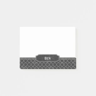 Black Leather Look White Quatrefoil Monogram Post-it Notes