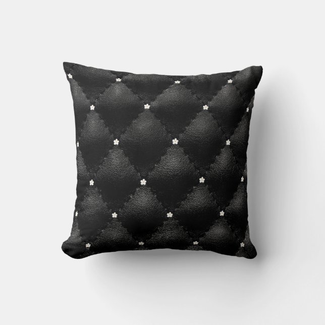 Black Leather Looking Quilt Tiny Flower Throw Pillow (Front)