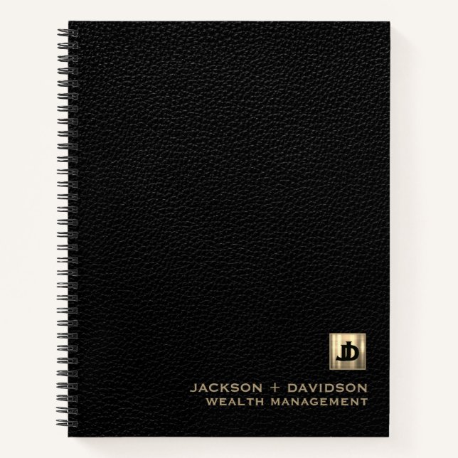 Black Leather Luxury Gold Business Monogram Notebook (Front)