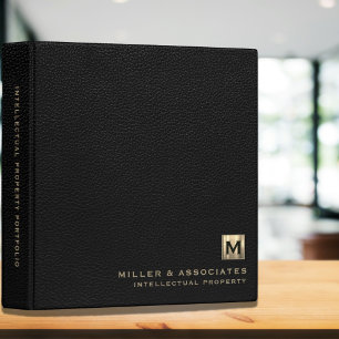 Black Leather Luxury Gold Initial Logo 3 Ring Binder