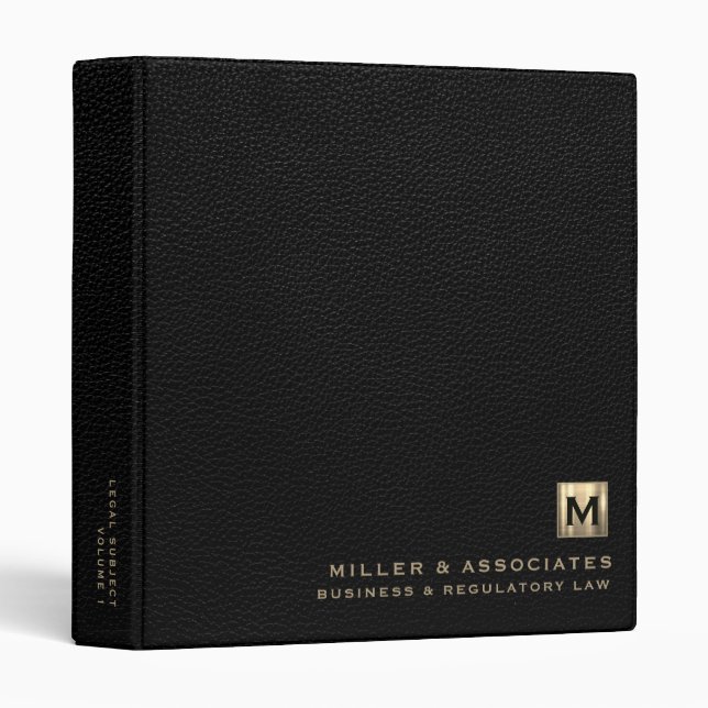Black Leather Luxury Gold Initial Logo 3 Ring Binder (Front/Spine)