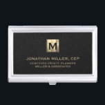 Black Leather Luxury Gold Initial Logo Business Card Case<br><div class="desc">Simple modern luxury design with brushed metallic gold initial logo medallion with personalized name,  title,  company name or custom text below in classic block typography on a black leather textured background. Personalize for your custom use.</div>