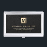 Black Leather Luxury Gold Initial Logo Business Card Case<br><div class="desc">Simple modern luxury design with brushed metallic gold initial logo medallion with personalized name,  title,  company name or custom text below in classic block typography on a black leather textured background. Personalize for your custom use.</div>