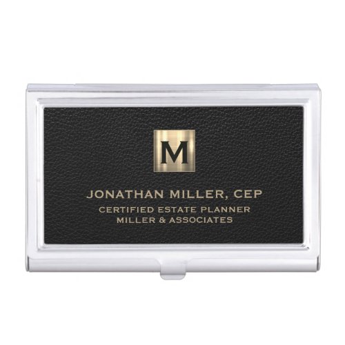 Black Leather Luxury Gold Initial Logo Business Card Case