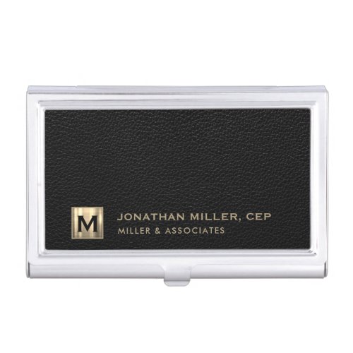 Black Leather Luxury Gold Initial Logo Business Card Case