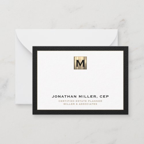 Black Leather Luxury Gold Initial Logo Note Card
