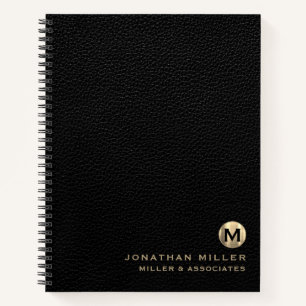 Black Leather Luxury Gold Initial Logo Notebook