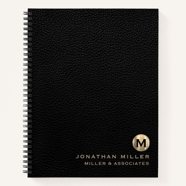 Black Leather Luxury Gold Initial Logo Notebook (Front)