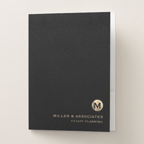 Black Leather Luxury Gold Initial Logo Pocket Folder