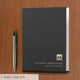 Black Leather Luxury Gold Initial Logo Pocket Folder
