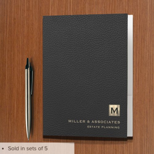 Black Leather Luxury Gold Initial Logo Pocket Folder