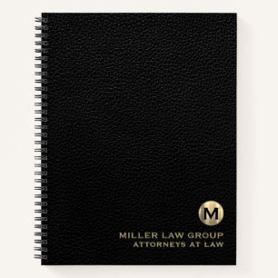 Black Leather Luxury Gold Initial Logo Spiral Notebook