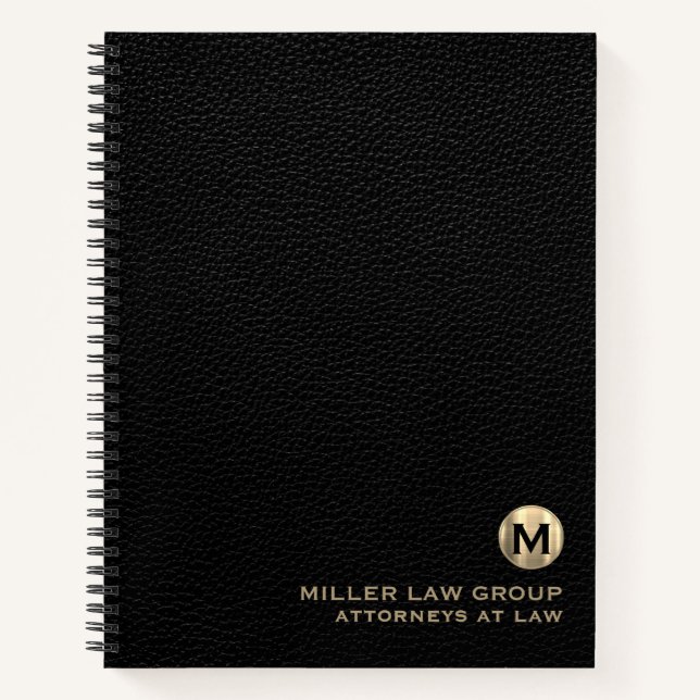 Black Leather Luxury Gold Initial Logo Spiral Notebook (Front)
