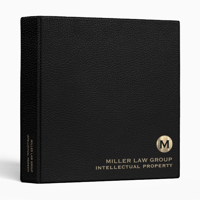 Black Leather Luxury Gold Initial Subject 3 Ring Binder (Front/Spine)
