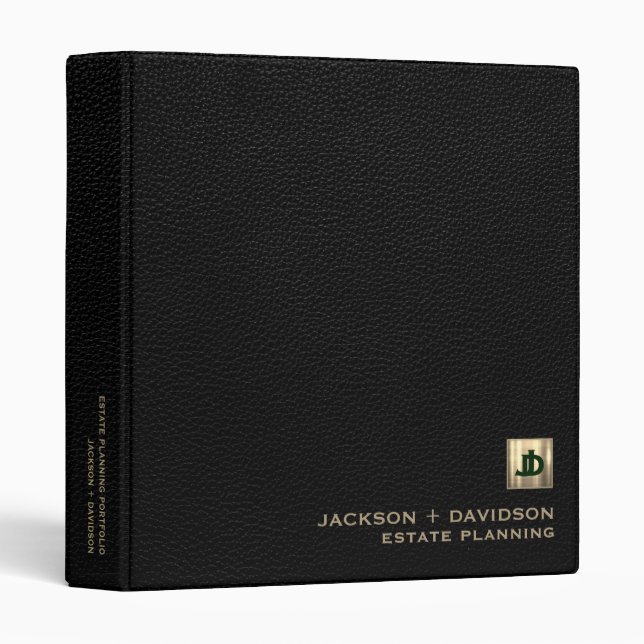 Black Leather Luxury Gold Initials Logo 3 Ring Binder (Front/Spine)