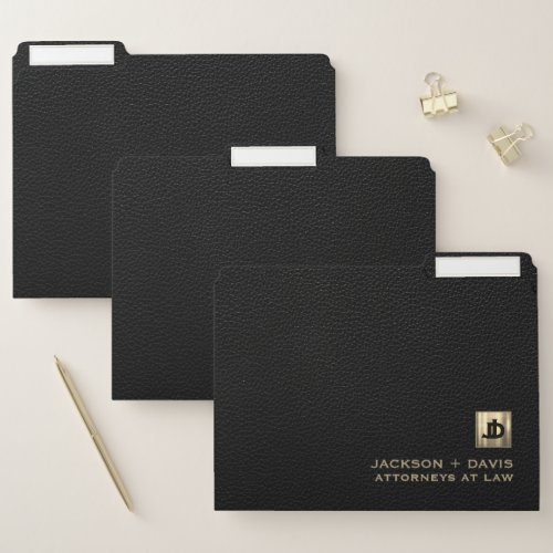 Black Leather Luxury Gold Initials Logo File Folder