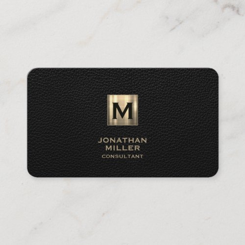 Black Leather Luxury Gold Monogram Business Card