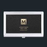 Black Leather Luxury Gold Monogram Business Card Case<br><div class="desc">Simple modern luxury design with brushed metallic gold monogram medallion with personalized name and title or custom text below in classic block typography on a black leather textured background. Personalize for your custom use.</div>