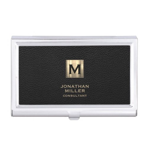 Black Leather Luxury Gold Monogram Business Card Case