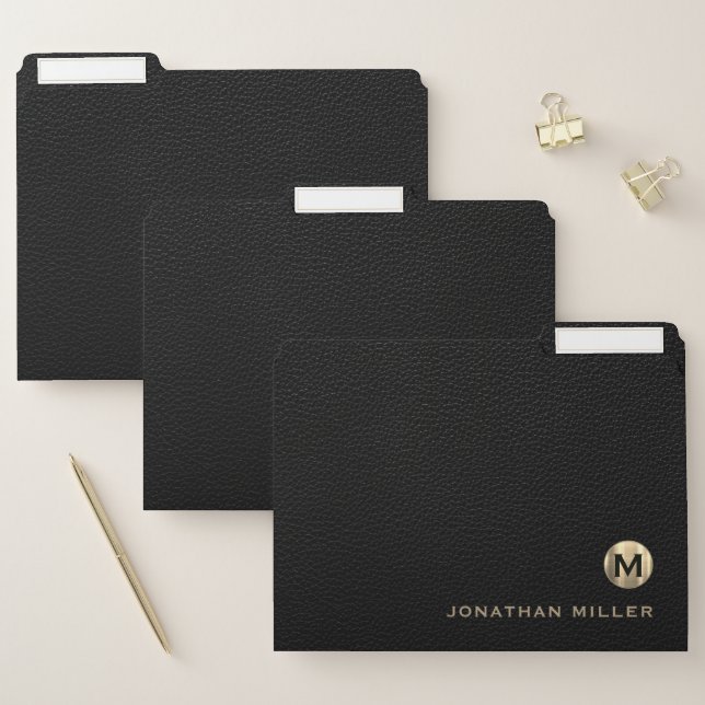 Black Leather Luxury Gold Monogram File Folder (Set)