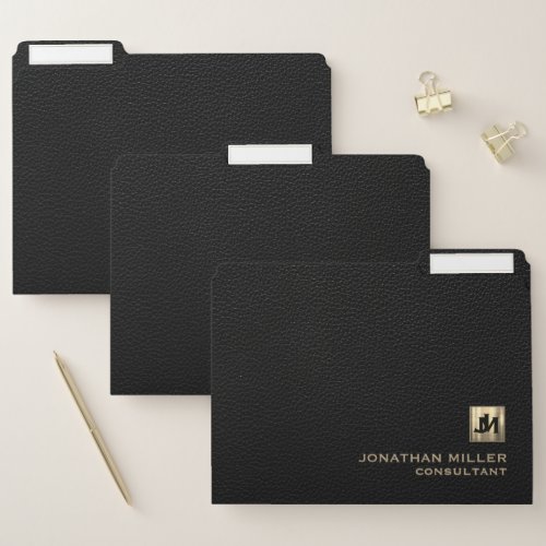 Black Leather Luxury Gold Monogram File Folder