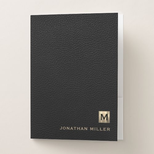 Black Leather Luxury Gold Monogram Pocket Folder