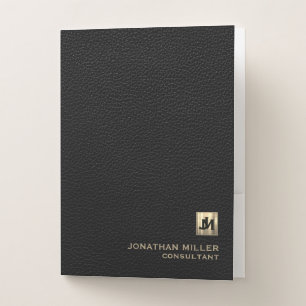 Black Leather Luxury Gold Monogram Pocket Folder