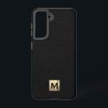 Black Leather Luxury Gold Monogram Samsung Galaxy S21 Case<br><div class="desc">Simple luxury monogrammed phone case features a modern design with brushed metallic gold monogram emblem on black leather look textured background. </div>