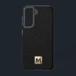 Black Leather Luxury Gold Monogram Samsung Galaxy S21 Case<br><div class="desc">Simple luxury monogrammed phone case features a modern design with brushed metallic gold monogram emblem on black leather look textured background. </div>