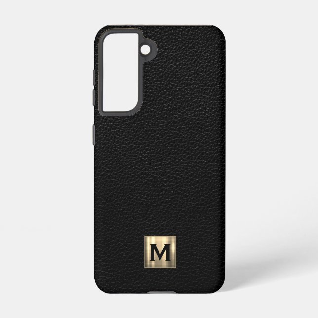 Black Leather Luxury Gold Monogram Samsung Galaxy Case (Back)