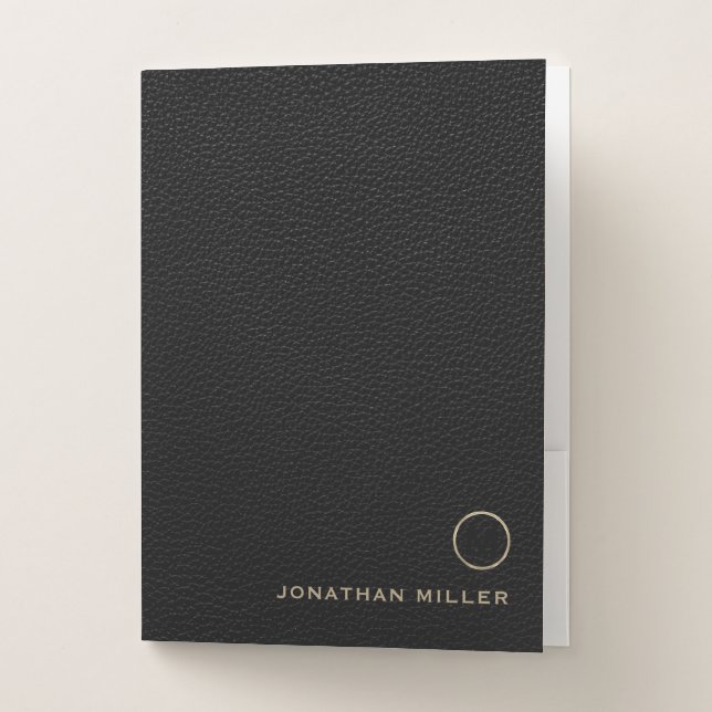Black Leather Luxury Gold Round Monogram Pocket Folder (Front)