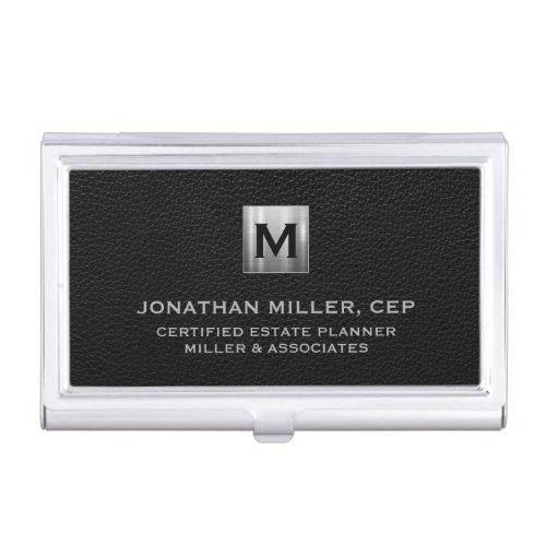 Black Leather Luxury Silver Initial Logo Business Card Case